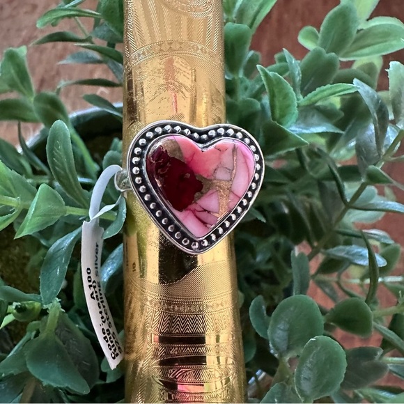 Sterling Silver Heart-Shaped Red Dahlia Pink, Red, & Gold Ring • Size: 9 - Picture 2 of 9
